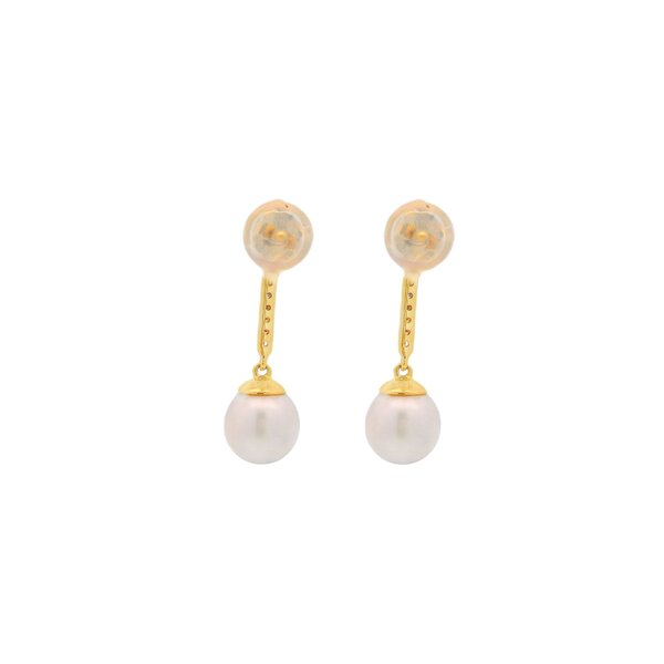 14K Yellow Gold .12ct Diamond 7-7.5mm White Freshwater Pearl Bar Dangle Earrings