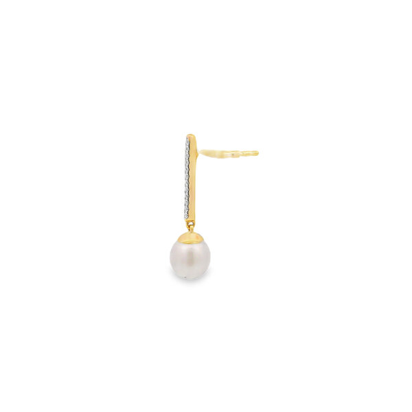 14K Yellow Gold .12ct Diamond 7-7.5mm White Freshwater Pearl Bar Dangle Earrings