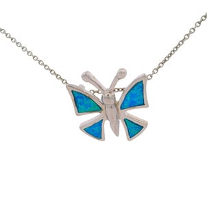 SS Synthetic Blue Opal Butterfly Necklace 18"