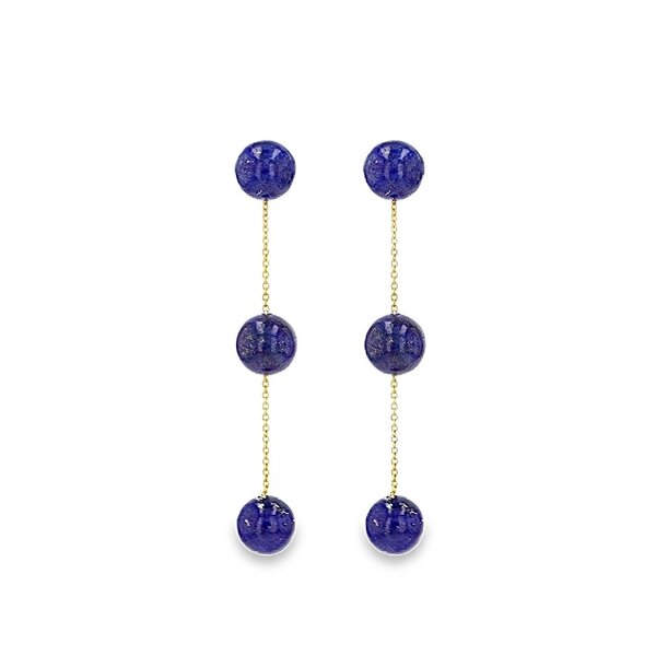 14K Yellow Gold 11.50ct Beaded Lapis Dangle Post Earrings