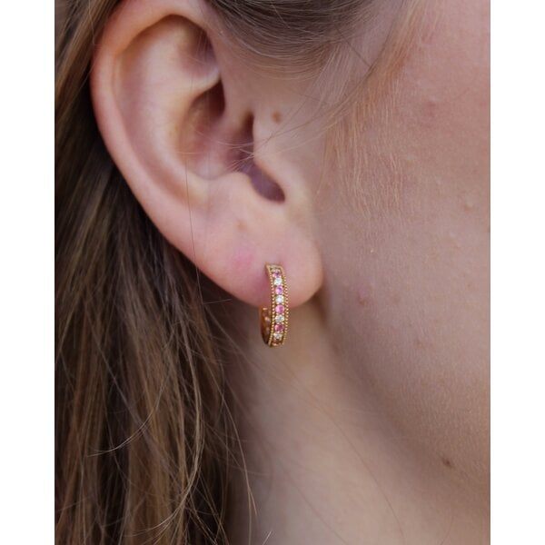 18K Yellow Gold .12ct Pink Sapphire & .12ct Diamond Huggie Hoop Earrings 3X16mm