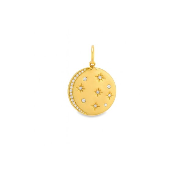 14K Yellow Gold .33ct Diamond Star & Moon Polished Disc Pendant 32x22mm