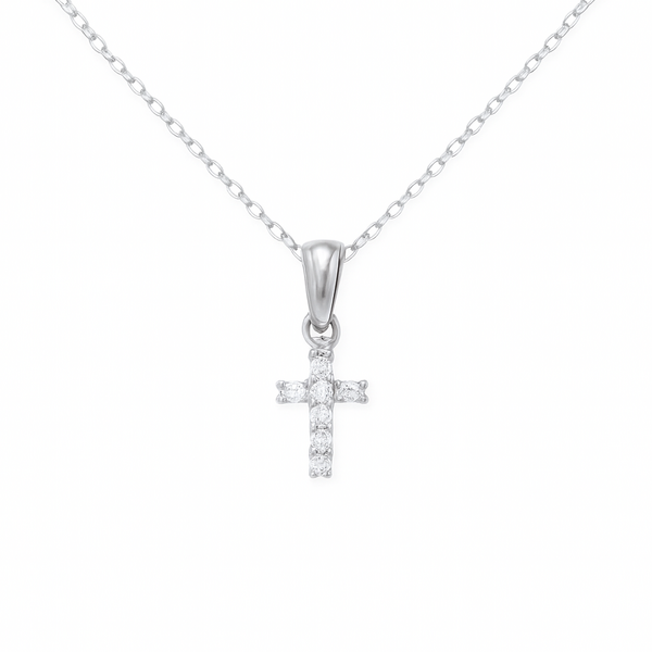 14K White Gold .06ct Diamond Petite Cross Necklace 16"-18"