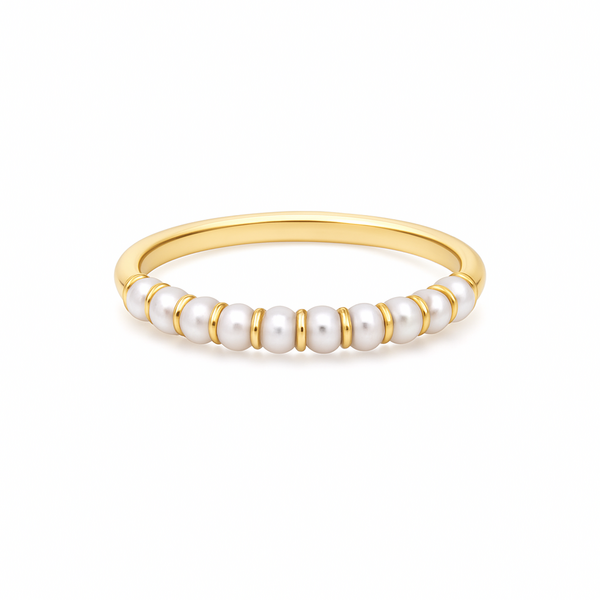 14K Yellow Gold 3mm White Freshwater Pearl Stackable Band Size 7