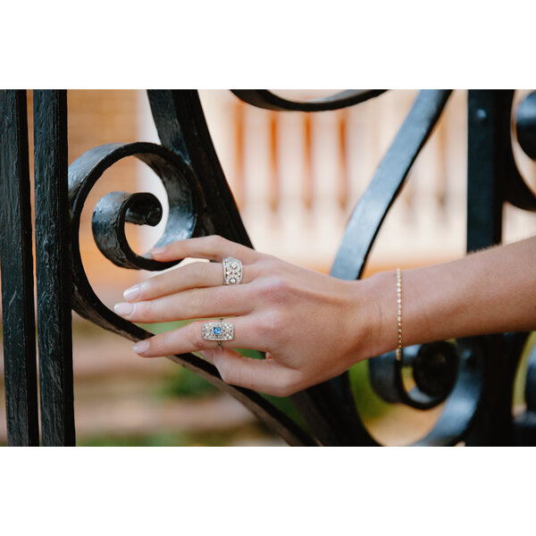 Platinum 1930's .28ct Diamond & .40ct Blue Synthetic Sapphire Filigree Ring Size 6