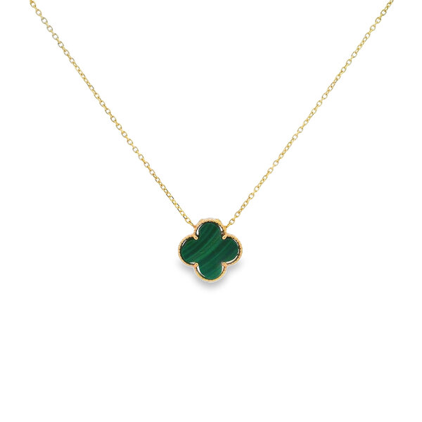 14K Yellow Gold Malachite Clover Split Chain Necklace Adjustable 16"-17"-18"