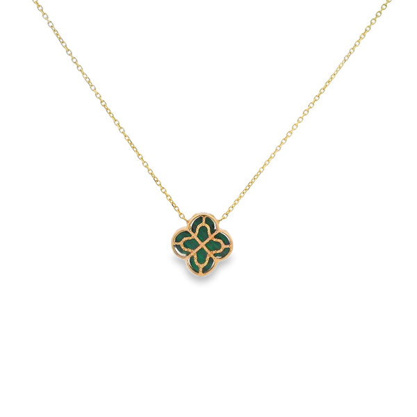 14K Yellow Gold Malachite Clover Split Chain Necklace Adjustable 16"-17"-18"