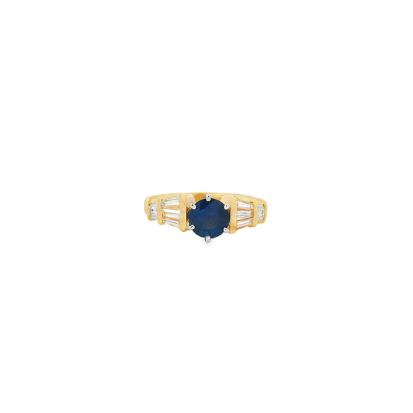 14K Yellow Gold 1980's .95ct Sapphire & .45ct Diamond Baguette & Round Ring Size 6.5