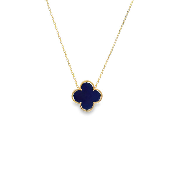 14K Yellow Gold Lapis Clover Split Chain Necklace Adjustable 16"-17"-18"