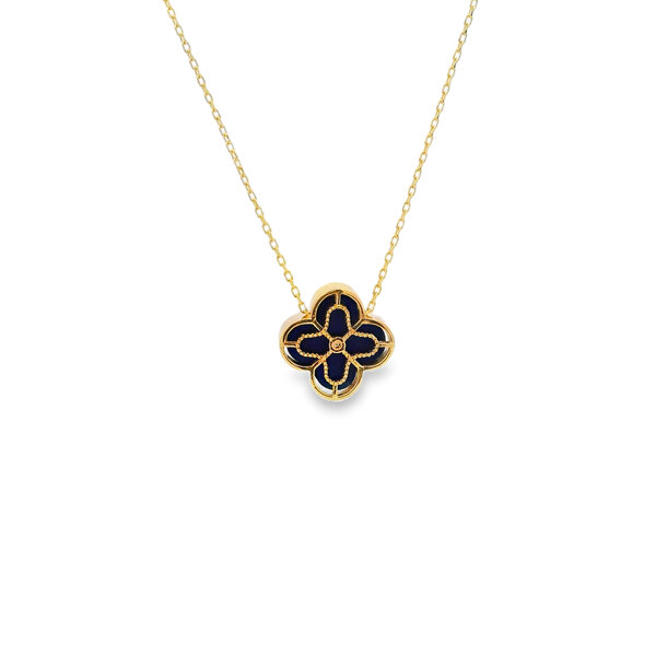 14K Yellow Gold Lapis Clover Split Chain Necklace Adjustable 16"-17"-18"