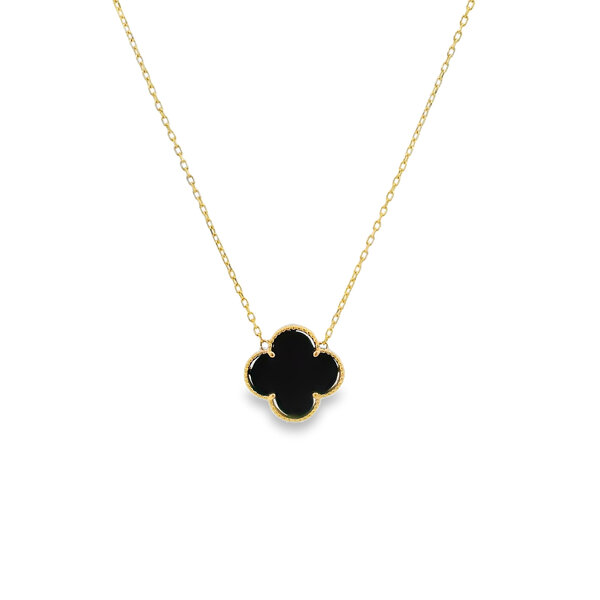 14K Yellow Gold Black Onyx Clover Split Chain Necklace Adjustable 16"-17"-18"