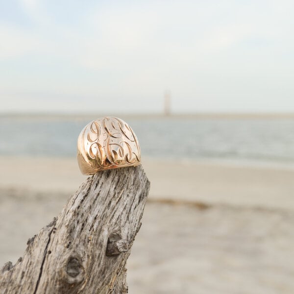 14K Yellow Gold  GC Large Dome Ring with Hand Engraving