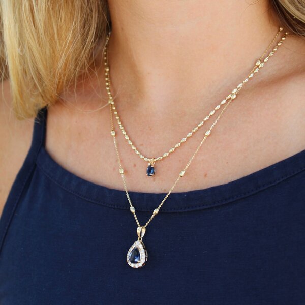 14K Yellow Gold 1.43ct Pear Sapphire .50ct Diamond Pendant 22x11mm