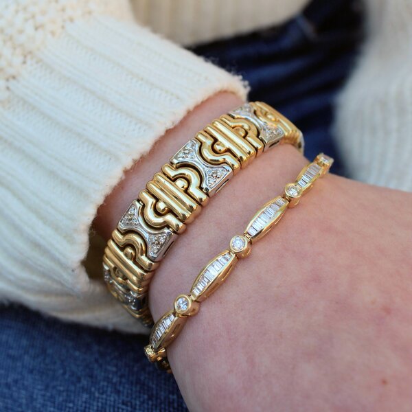 14K Yellow and White Gold 1980's .75ct Diamond Turkish Link Bracelet 7.25"