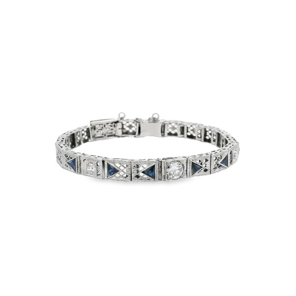 14K White Gold 1930's .75ct Diamond & .95ct Sapphire Filigree Bracelet 6.25" with Safety Clasp