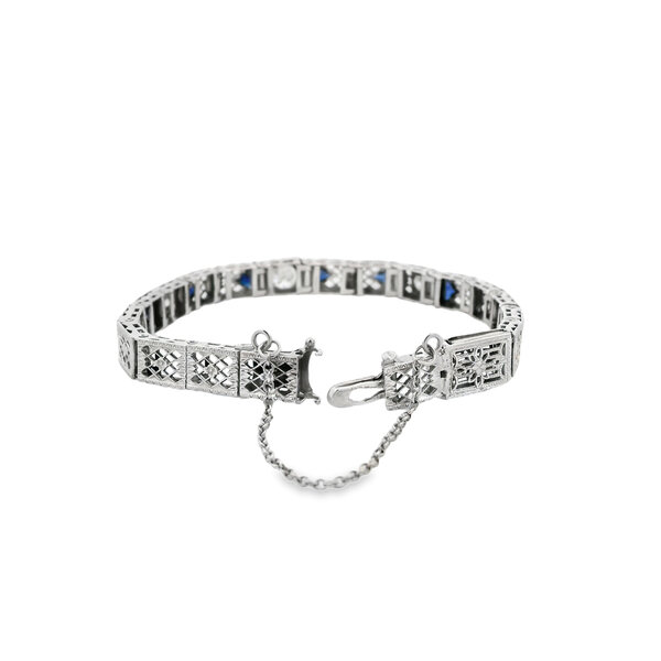 14K White Gold 1930's .75ct Diamond & .95ct Sapphire Filigree Bracelet 6.25" with Safety Clasp