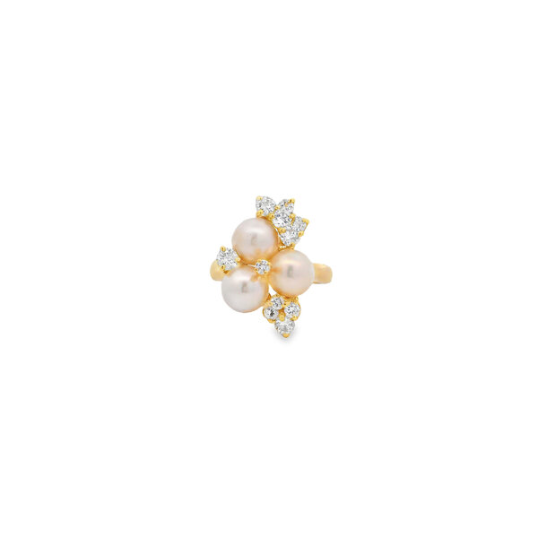 14K Yellow Gold 1980's .80ct Diamond & 7-7.5mm Pearl Cluster Ring Size 6