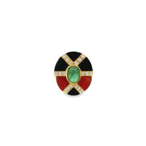 18KY 1970's 1.70ct Cab Emerald Carnelian Onyx & .36ct Dia Ring Sz 6