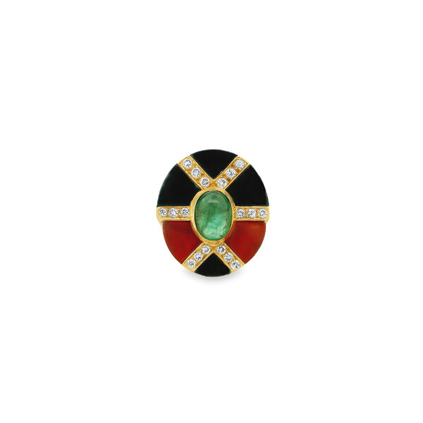 18K Yellow Gold 1970's 1.70ct Cabochon Emerald, Carnelian, Onyx, & .36ct Diamond Ring Size 6