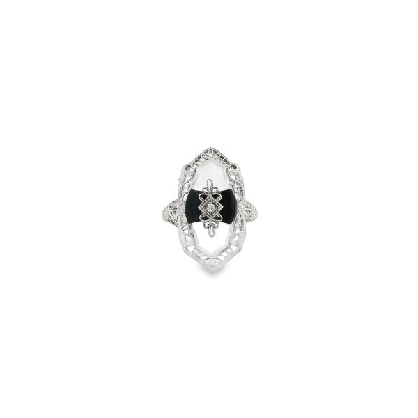 14K White Gold 1930's Camphor Glass, Black Onyx, & .02ct Diamond Ring Size 8