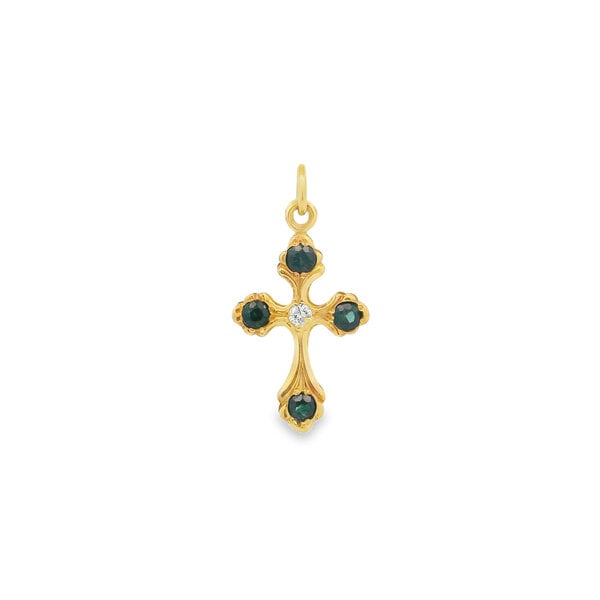 14K Yellow Gold 1970's .50ct Sapphire & .10ct Diamond Textured 30x16mm Cross