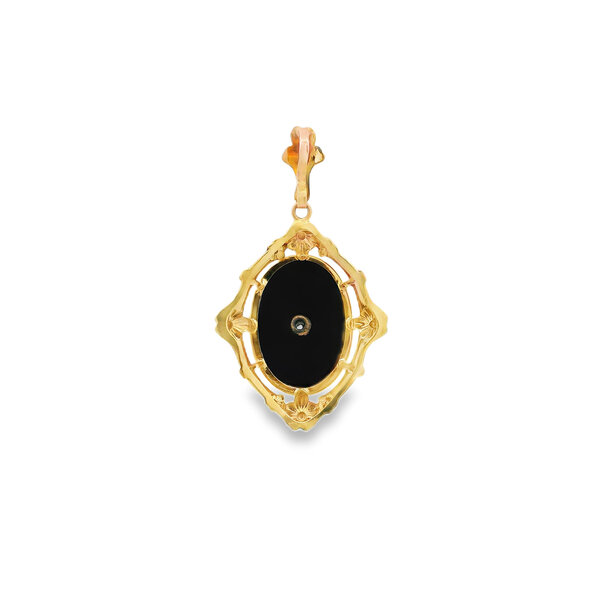 10K Yellow Gold 1930's .01ct Diamond & Black Onyx Floral Filigree Pendant 38x22m