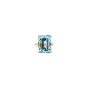 18KY 1970's 10.50ct Emerald Cut Aquamarine Solitaire Ring Sz 7.75