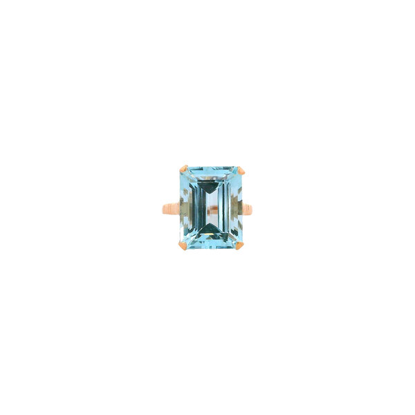 18K Yellow Gold 1970's 10.50ct Emerald Cut Aquamarine Solitaire Ring Size 7.75