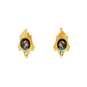 18KY Victorian Hand Painted Lady Pearl & Dia Earrings