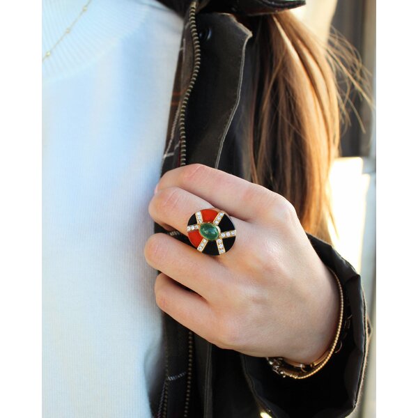 18K Yellow Gold 1970's 1.70ct Cabochon Emerald, Carnelian, Onyx, & .36ct Diamond Ring Size 6