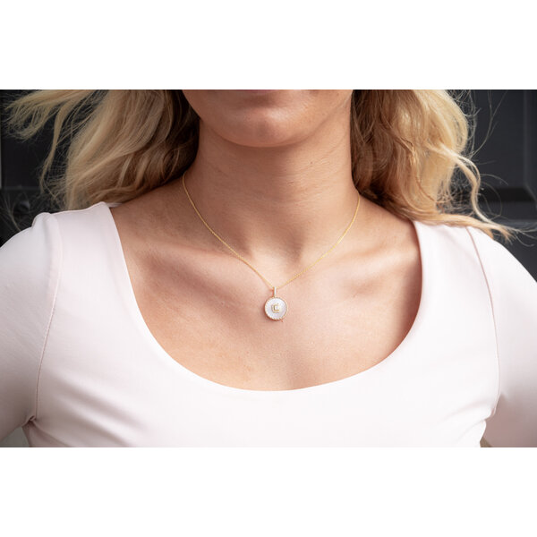 14K Yellow Gold .15ct Diamond and Pink Mother of Pearl Disc Necklace 16"-18"