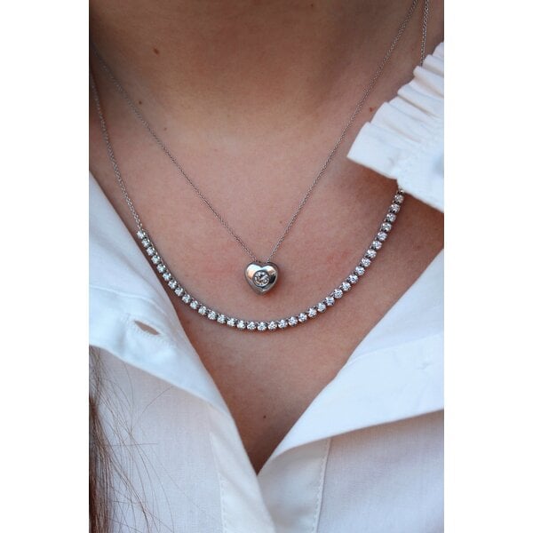 14K White Gold 1950's Diamond Heart Necklace 18"