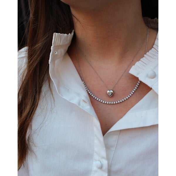 14K White Gold 1950's Diamond Heart Necklace 18"