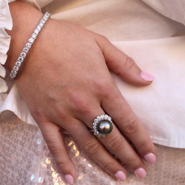 Platinum 1970's 12.8mm Tahitian Pearl 1.52ct Diamond Halo Ring Size 7