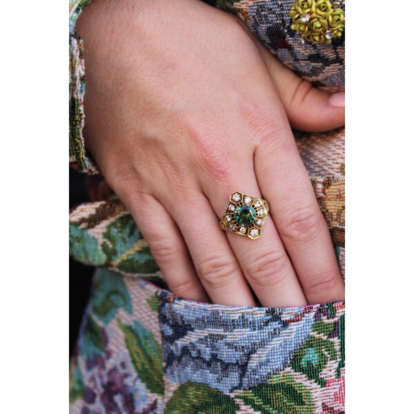 18K Yellow and White  Gold 1940's 1.72ct Round Green Tourmaline & .50ct Diamond Ring Size 7