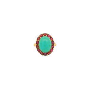 18KY Estate 7.30ct Turquoise & .75ct Garnet Ring Sz 7.5
