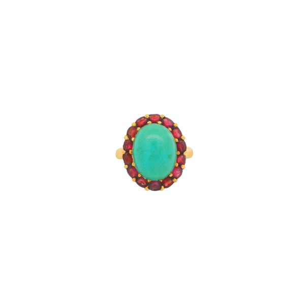 18K Yellow Gold Estate 7.30ct Turquoise & .75ct Garnet Ring Size 7.5