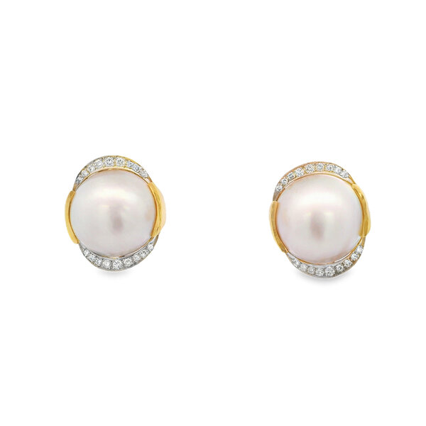 14K Yellow Gold 1970's 15mm Mabe Pearl & .60ct Dia Omega Post Earrings