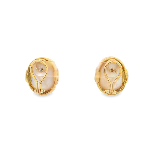 14K Yellow Gold 1970's 15mm Mabe Pearl & .60ct Dia Omega Post Earrings