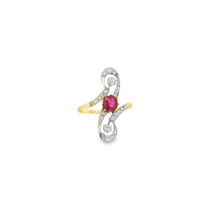 18KY/Plat Art Nouveau .50ct Ruby .70ct Dia Crossover Ring Sz 6