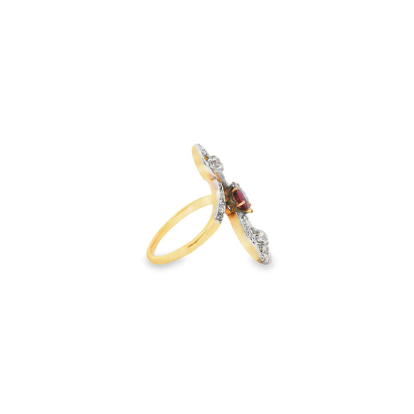 18K Yellow Gold/Platinum Art Nouveau .50ct Ruby & .70ct Diamond Crossover Ring Size 6