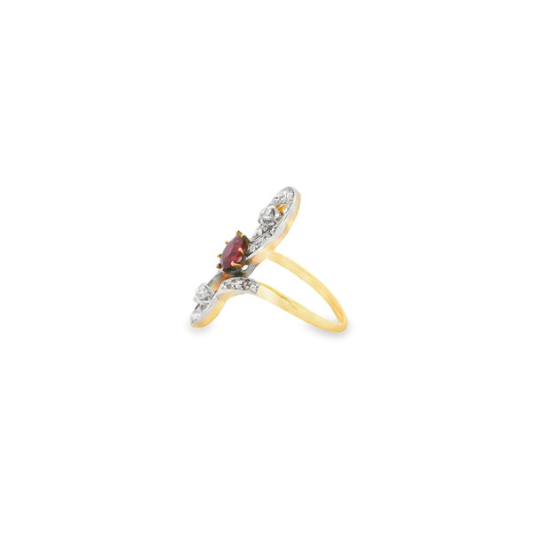 18K Yellow Gold/Platinum Art Nouveau .50ct Ruby & .70ct Diamond Crossover Ring Size 6