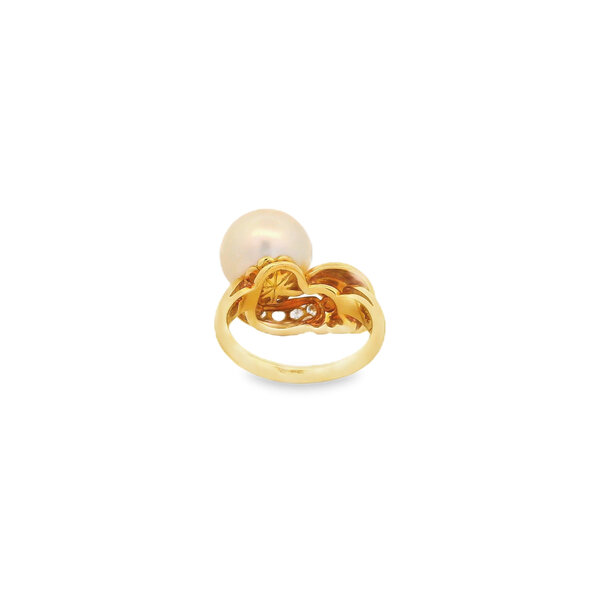 18K Yellow Gold 1970's 12.5mm Golden Freshwater Pearl & .35ct Diamond Ring Size 7