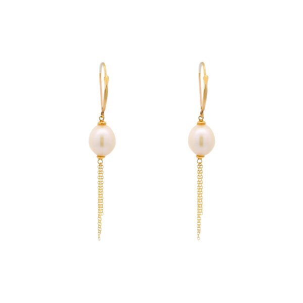 10K Yellow Gold 9-10mm White Freshwater Pearl Tassel Dangle Earrings
