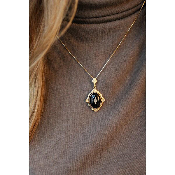 10K Yellow Gold 1930's .01ct Diamond & Black Onyx Floral Filigree Pendant 38x22m