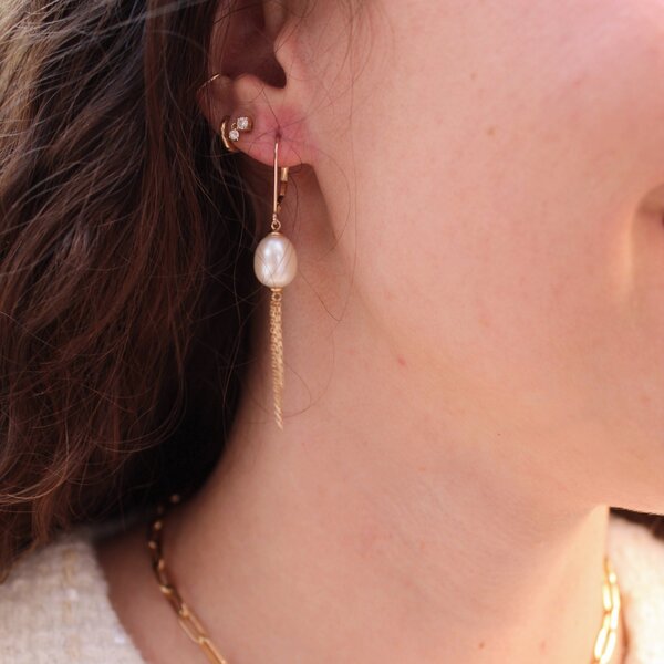 10K Yellow Gold 9-10mm White Freshwater Pearl Tassel Dangle Earrings