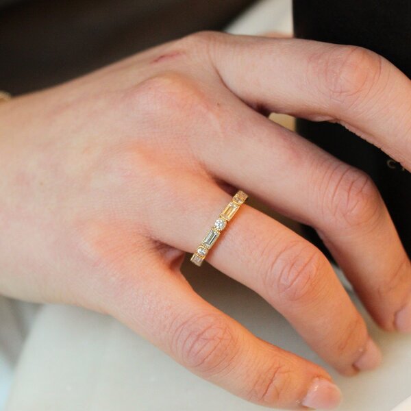 14K Yellow Gold .76ct Emerald Cut & Round Cut Diamond Bezel Band Size 5