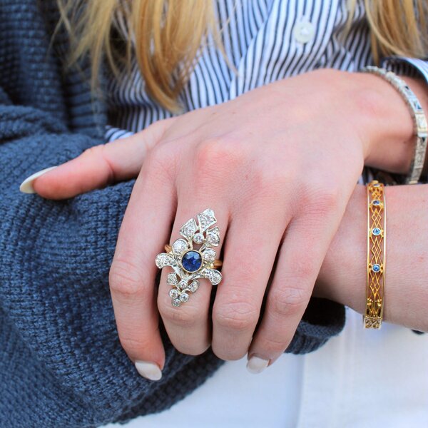 18K Yellow Gold/Platinum Edwardian 1.25ct Sapphire & 1.85ct Diamond Ring Size 7.25