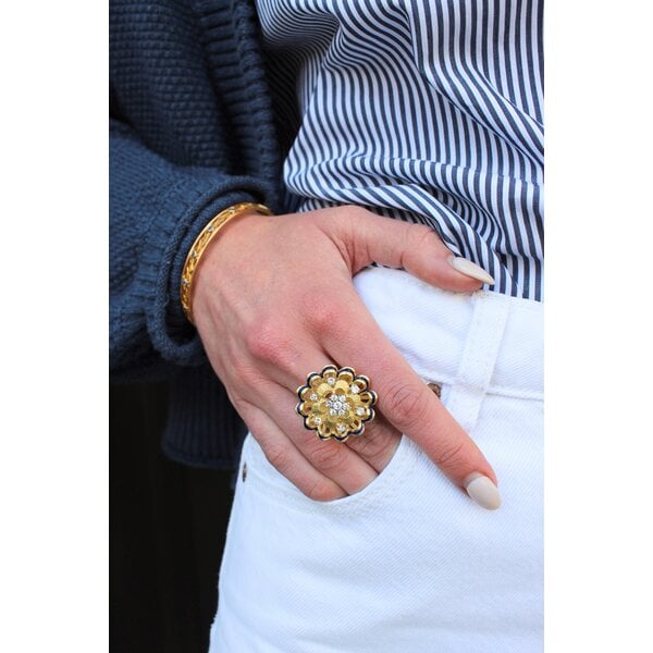 18K Yellow Gold 1970's .75ct Diamond Flower Cluster Blue Enamel Cocktail Ring Size 5