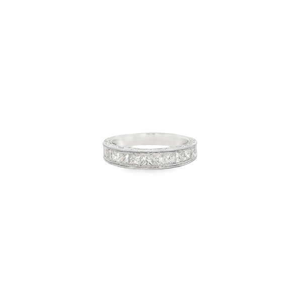 14K White Gold 1ct Princess Cut Diamonds Channel Swirl Engraved Band Size 7